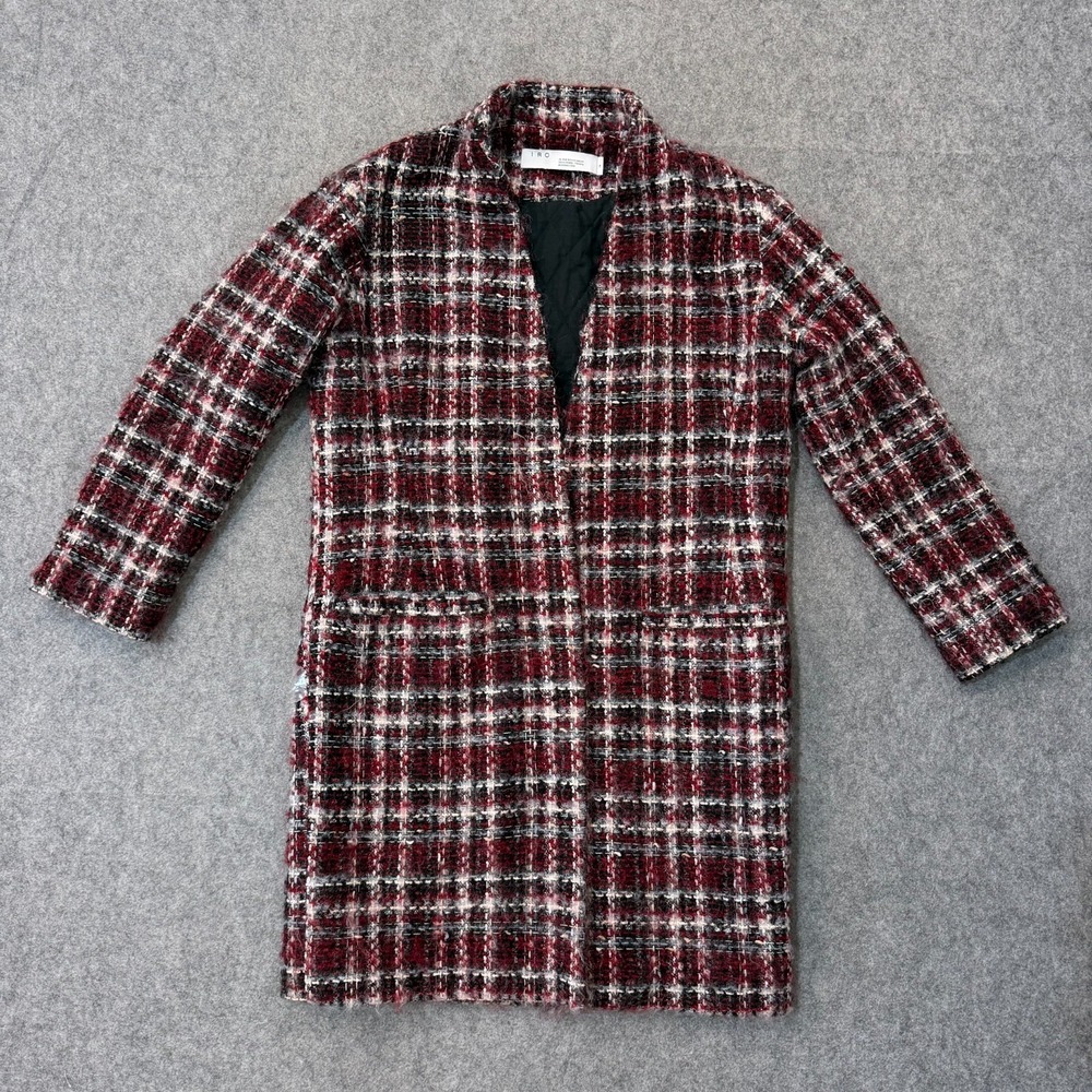 IRO Burgundy Twisted Metallic Checked Bouncle Tweed Coat Women's Size 34 XS